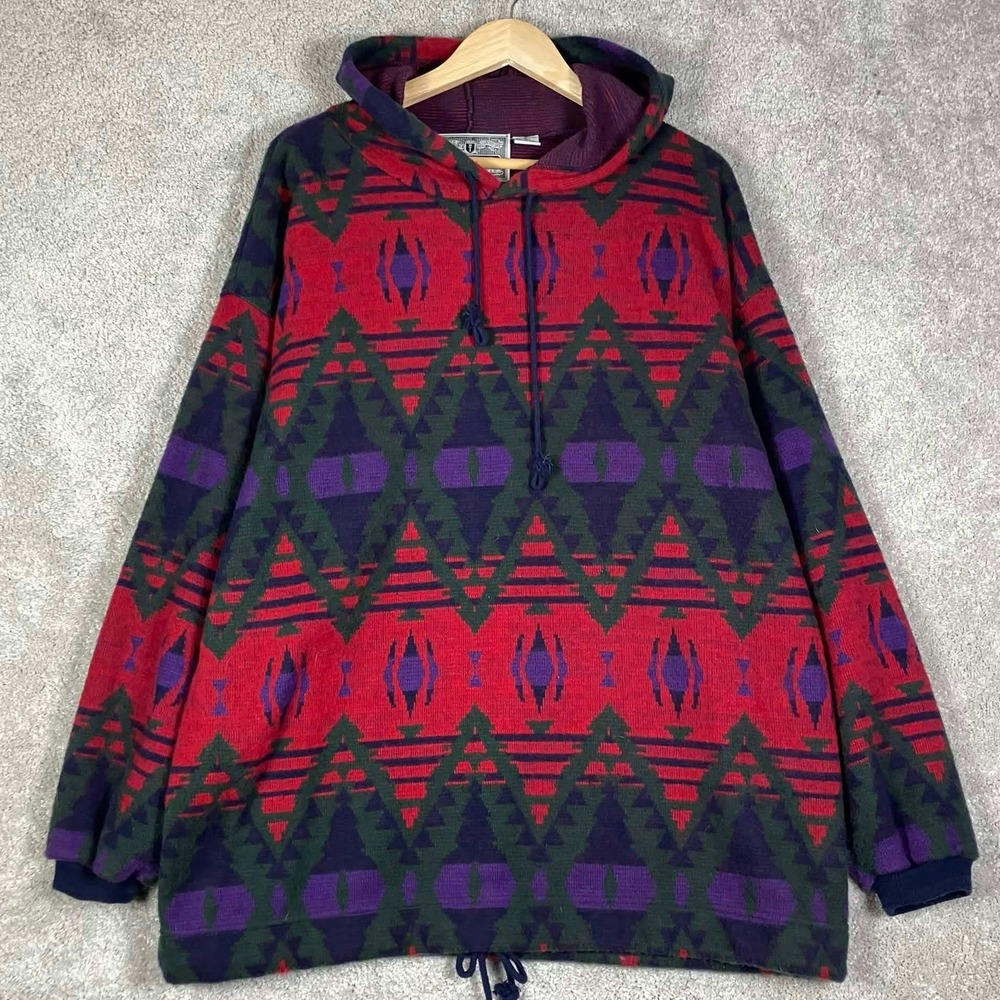Vintage Pazzo Aztec Geometric Knit Hoodie Sweater Mens XL Red Purple Acrylic